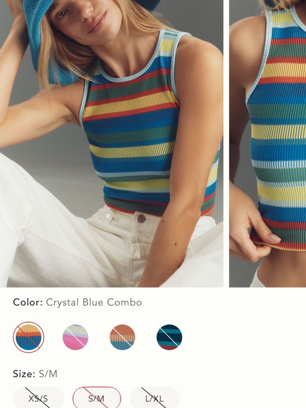 Anthropologie Multicolor Striped Ribbed Tank — Blue, Yellow, Green